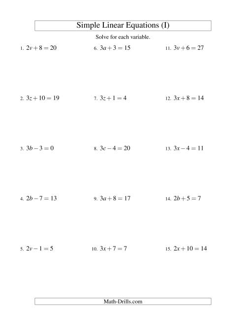 The Solving Linear Equations -- Form ax ± b = c (I) Math Worksheet