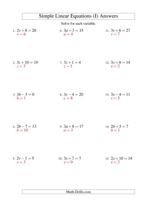 The Solving Linear Equations -- Form ax ± b = c (I) Math Worksheet Page 2