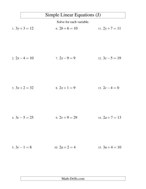The Solving Linear Equations -- Form ax ± b = c (J) Math Worksheet