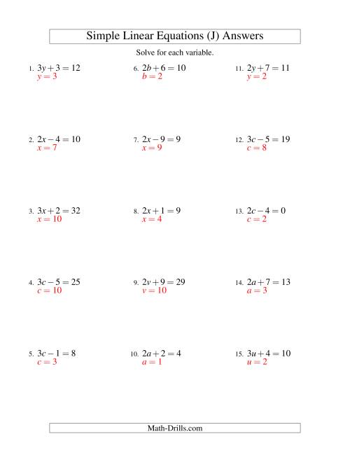 The Solving Linear Equations -- Form ax ± b = c (J) Math Worksheet Page 2