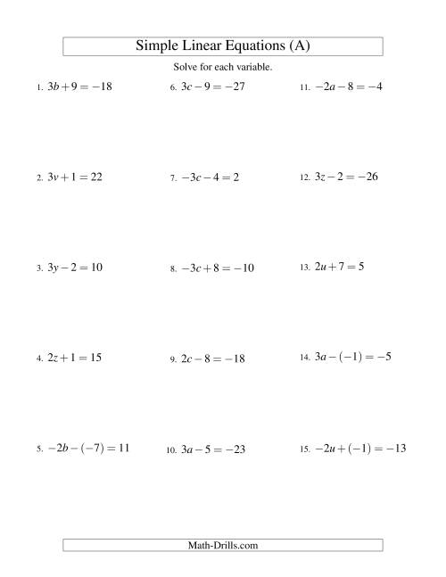The Solving Linear Equations (Including Negative Values) -- Form ax ± b = c (A) Math Worksheet
