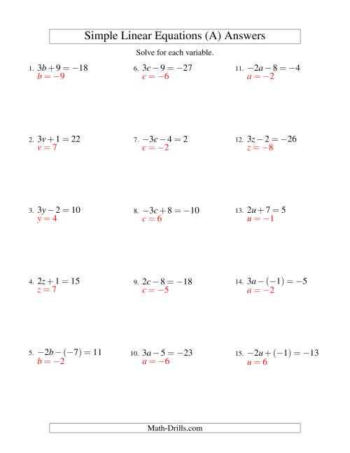 The Solving Linear Equations (Including Negative Values) -- Form ax ± b = c (A) Math Worksheet Page 2