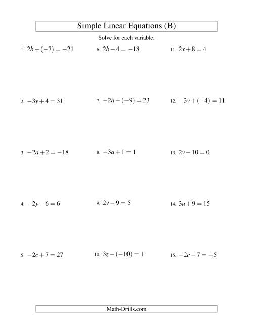 The Solving Linear Equations (Including Negative Values) -- Form ax ± b = c (B) Math Worksheet