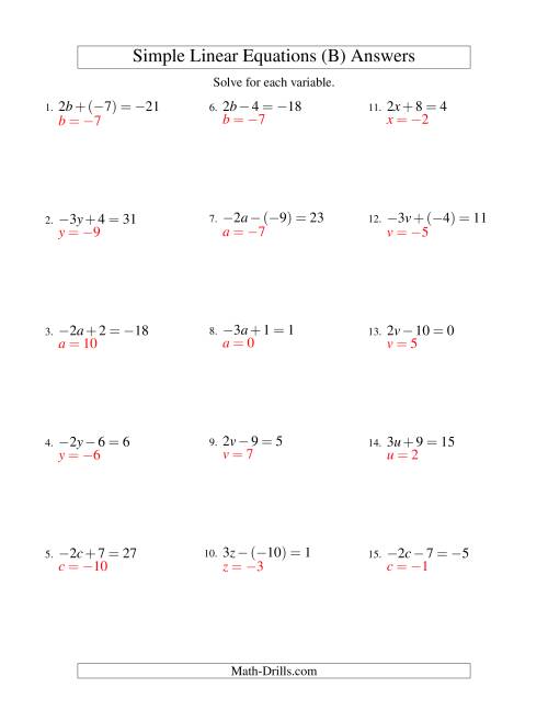 The Solving Linear Equations (Including Negative Values) -- Form ax ± b = c (B) Math Worksheet Page 2