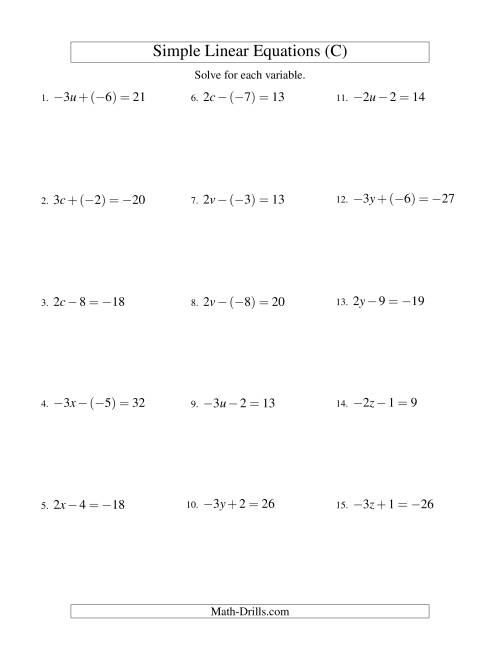 The Solving Linear Equations (Including Negative Values) -- Form ax ± b = c (C) Math Worksheet