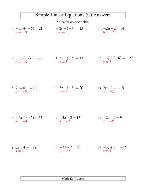 The Solving Linear Equations (Including Negative Values) -- Form ax ± b = c (C) Math Worksheet Page 2