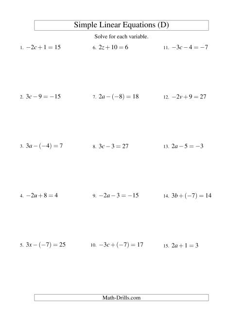 The Solving Linear Equations (Including Negative Values) -- Form ax ± b = c (D) Math Worksheet