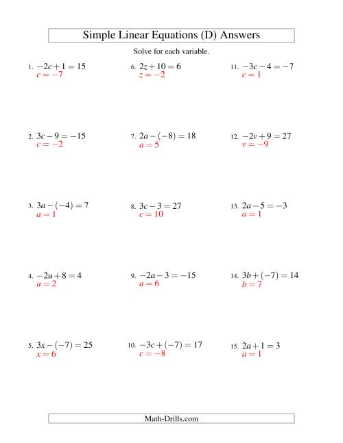 The Solving Linear Equations (Including Negative Values) -- Form ax ± b = c (D) Math Worksheet Page 2