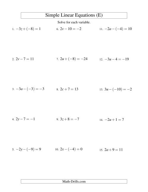 The Solving Linear Equations (Including Negative Values) -- Form ax ± b = c (E) Math Worksheet