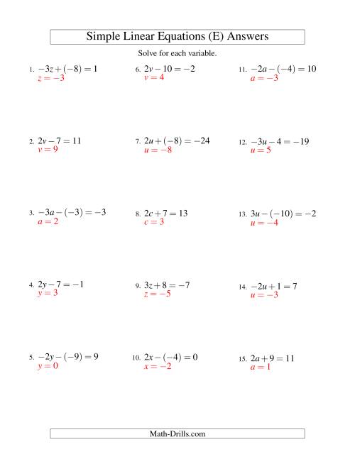 The Solving Linear Equations (Including Negative Values) -- Form ax ± b = c (E) Math Worksheet Page 2