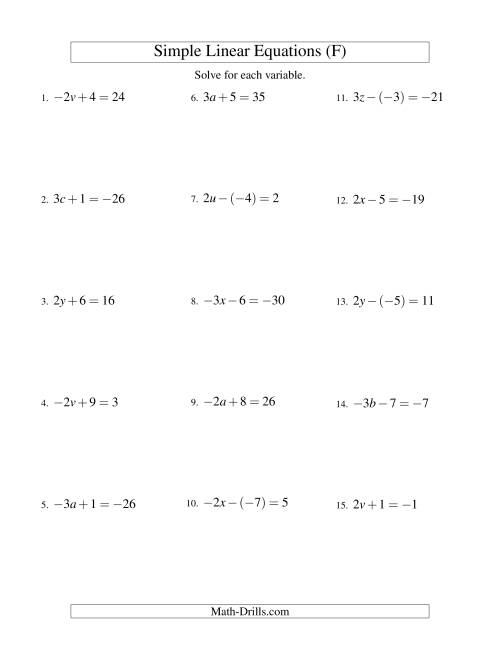 The Solving Linear Equations (Including Negative Values) -- Form ax ± b = c (F) Math Worksheet