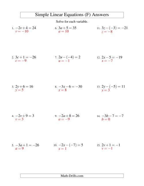 The Solving Linear Equations (Including Negative Values) -- Form ax ± b = c (F) Math Worksheet Page 2