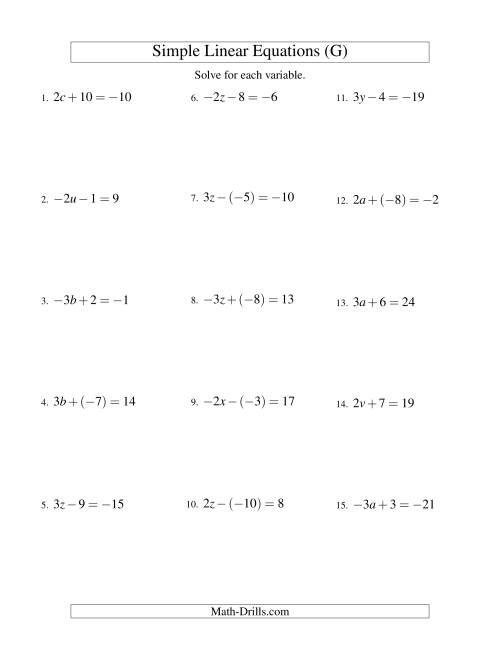 The Solving Linear Equations (Including Negative Values) -- Form ax ± b = c (G) Math Worksheet