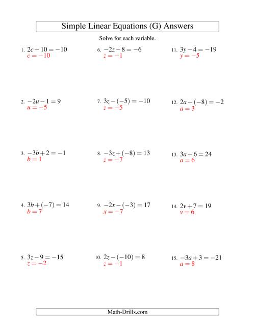 The Solving Linear Equations (Including Negative Values) -- Form ax ± b = c (G) Math Worksheet Page 2