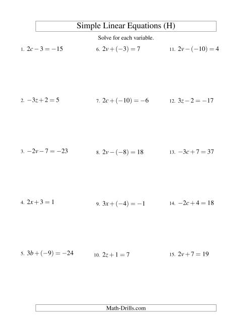 The Solving Linear Equations (Including Negative Values) -- Form ax ± b = c (H) Math Worksheet
