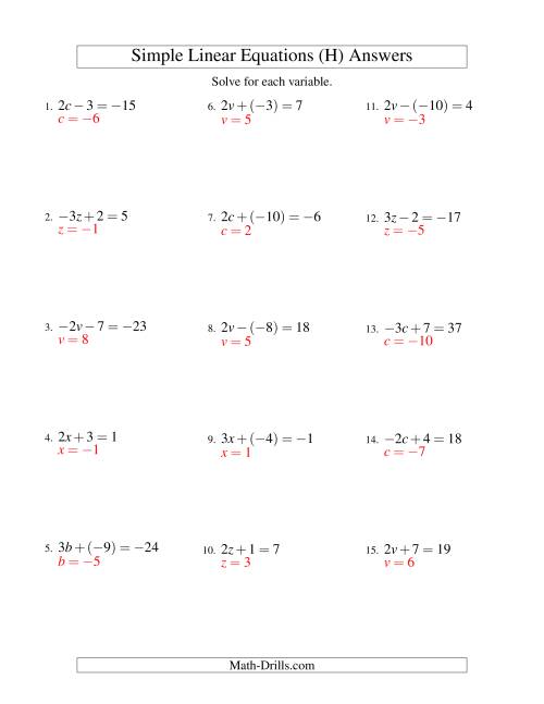 The Solving Linear Equations (Including Negative Values) -- Form ax ± b = c (H) Math Worksheet Page 2