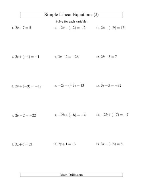 The Solving Linear Equations (Including Negative Values) -- Form ax ± b = c (J) Math Worksheet