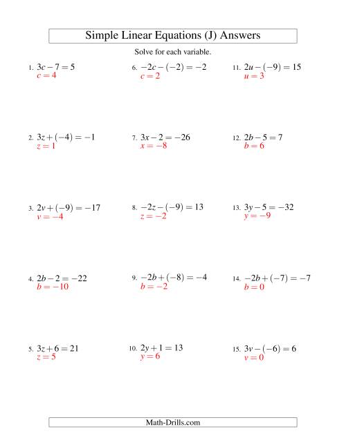 The Solving Linear Equations (Including Negative Values) -- Form ax ± b = c (J) Math Worksheet Page 2