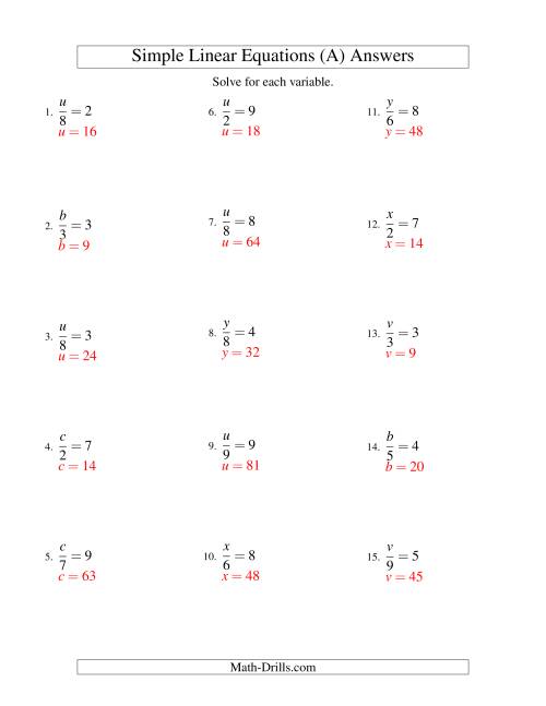 The Solving Linear Equations -- Form x/a = c (A) Math Worksheet Page 2