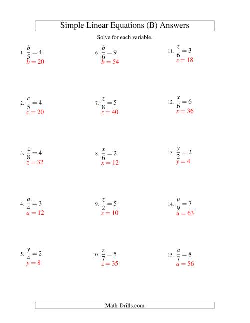 The Solving Linear Equations -- Form x/a = c (B) Math Worksheet Page 2