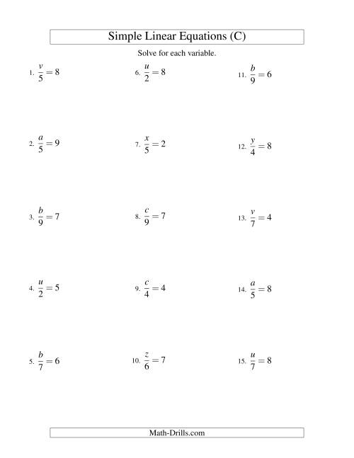 The Solving Linear Equations -- Form x/a = c (C) Math Worksheet