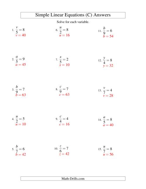 The Solving Linear Equations -- Form x/a = c (C) Math Worksheet Page 2