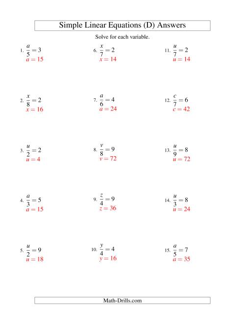 The Solving Linear Equations -- Form x/a = c (D) Math Worksheet Page 2