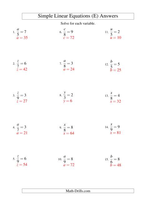 The Solving Linear Equations -- Form x/a = c (E) Math Worksheet Page 2