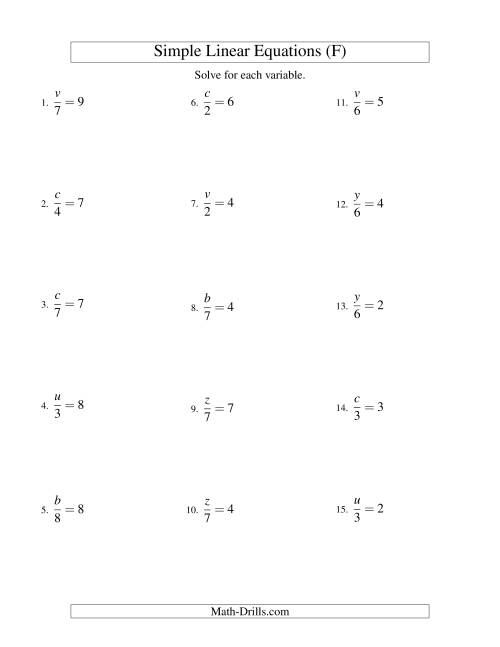 The Solving Linear Equations -- Form x/a = c (F) Math Worksheet