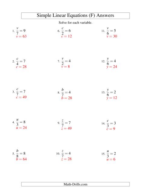 The Solving Linear Equations -- Form x/a = c (F) Math Worksheet Page 2