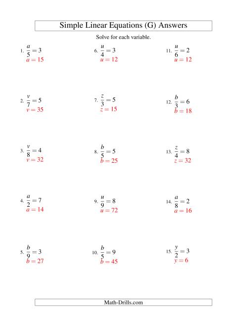 The Solving Linear Equations -- Form x/a = c (G) Math Worksheet Page 2