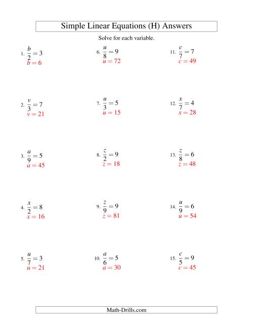 The Solving Linear Equations -- Form x/a = c (H) Math Worksheet Page 2