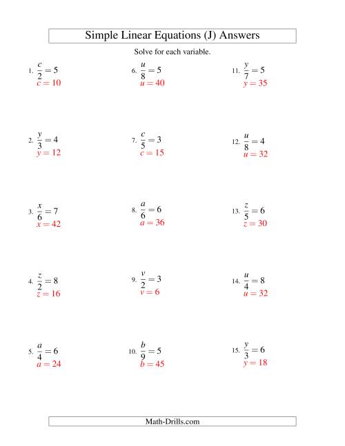 The Solving Linear Equations -- Form x/a = c (J) Math Worksheet Page 2
