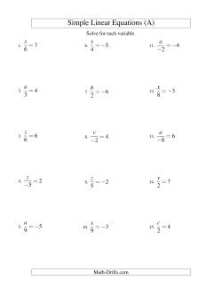 Solving Linear Equations (Including Negative Values) -- Form x/a = c