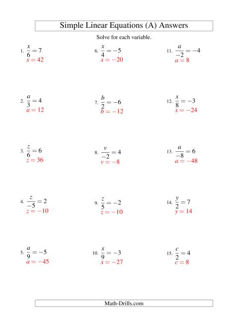 The Solving Linear Equations (Including Negative Values) -- Form x/a = c (A) Math Worksheet Page 2