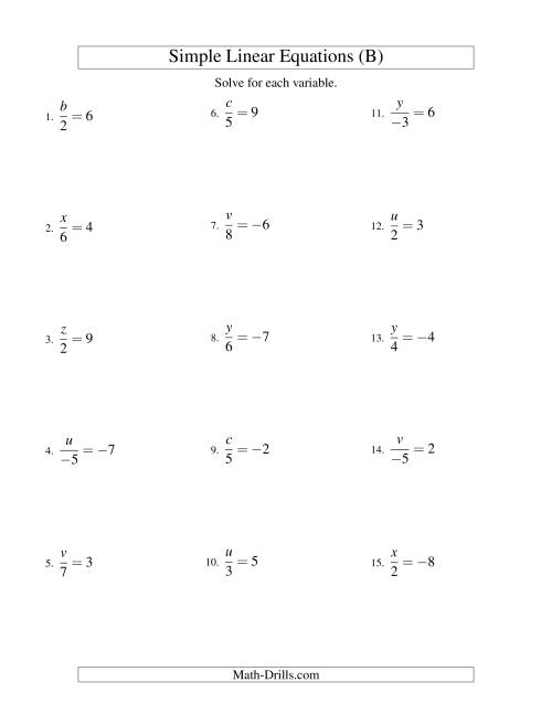The Solving Linear Equations (Including Negative Values) -- Form x/a = c (B) Math Worksheet