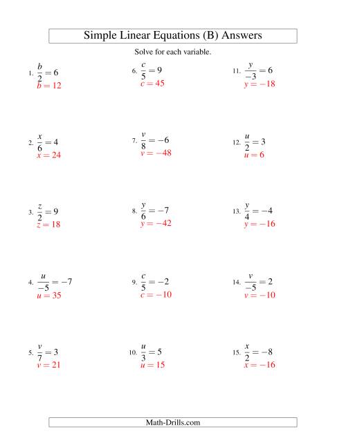The Solving Linear Equations (Including Negative Values) -- Form x/a = c (B) Math Worksheet Page 2
