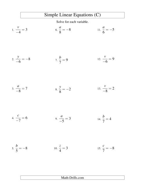 The Solving Linear Equations (Including Negative Values) -- Form x/a = c (C) Math Worksheet