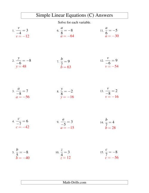 The Solving Linear Equations (Including Negative Values) -- Form x/a = c (C) Math Worksheet Page 2