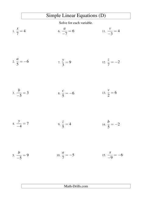 The Solving Linear Equations (Including Negative Values) -- Form x/a = c (D) Math Worksheet