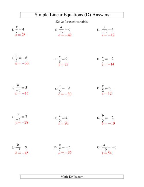 The Solving Linear Equations (Including Negative Values) -- Form x/a = c (D) Math Worksheet Page 2