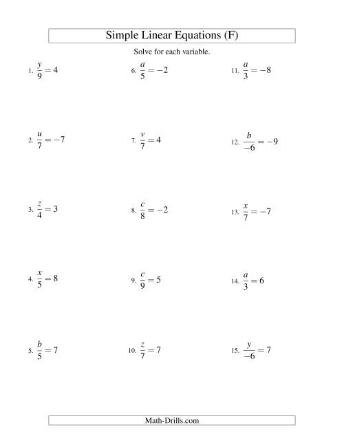 The Solving Linear Equations (Including Negative Values) -- Form x/a = c (F) Math Worksheet