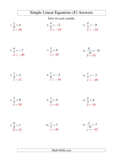 The Solving Linear Equations (Including Negative Values) -- Form x/a = c (F) Math Worksheet Page 2