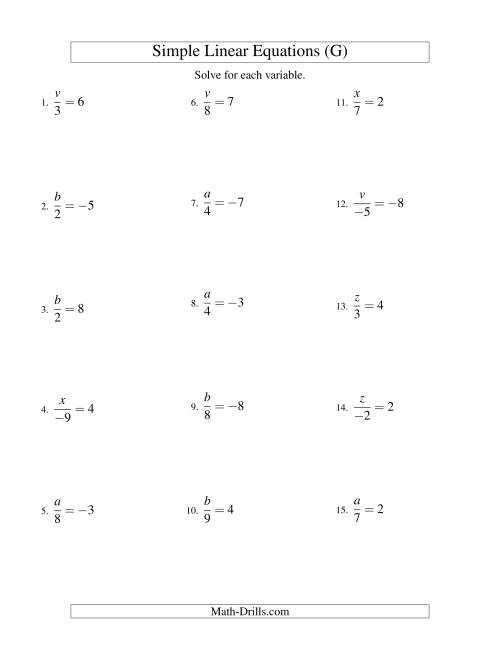 The Solving Linear Equations (Including Negative Values) -- Form x/a = c (G) Math Worksheet