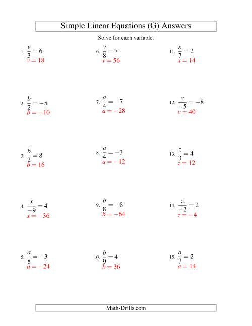 The Solving Linear Equations (Including Negative Values) -- Form x/a = c (G) Math Worksheet Page 2