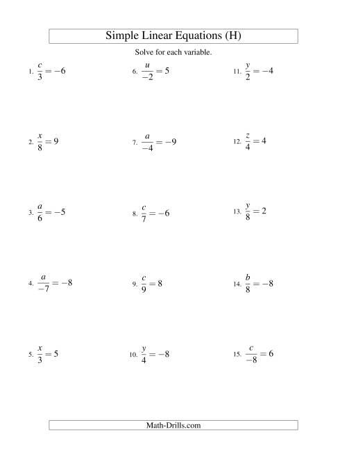 The Solving Linear Equations (Including Negative Values) -- Form x/a = c (H) Math Worksheet
