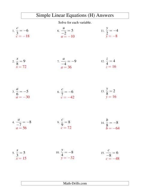 The Solving Linear Equations (Including Negative Values) -- Form x/a = c (H) Math Worksheet Page 2