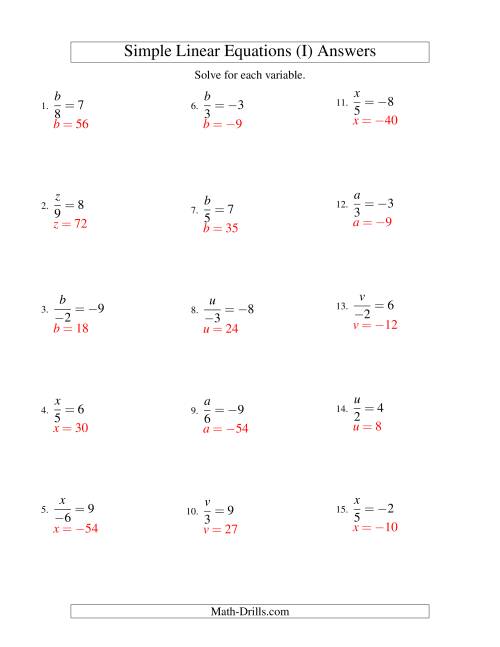 The Solving Linear Equations (Including Negative Values) -- Form x/a = c (I) Math Worksheet Page 2