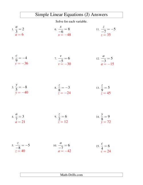 The Solving Linear Equations (Including Negative Values) -- Form x/a = c (J) Math Worksheet Page 2