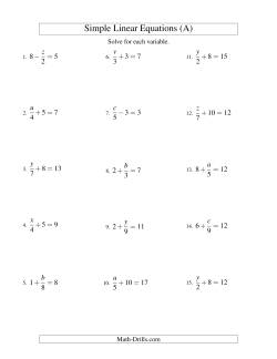 Solving Linear Equations -- Form x/a ± b = c